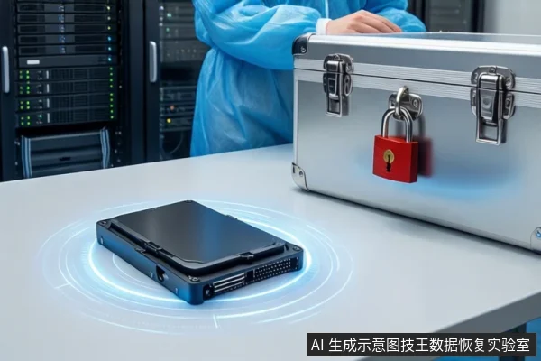 洁净室白色桌面上,左侧平放一块黑色固态硬盘,周围有蓝色光圈示意;右侧为挂有红色挂锁的银色金属防震箱。背景可见服务器机柜和穿蓝色无尘服的技术人员。