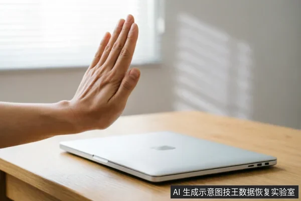 一只手掌在闭合的银色笔记本电脑前做出明显的停止手势,示意拒绝操作或中断使用。背景为木质桌面及百叶窗光影,强调在设备故障初期立即停止读写、避免进一步数据损坏的止损概念。