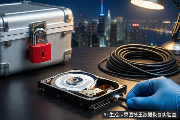深色桌面上，左侧为挂有红色挂锁的银色金属防震箱，中间平放一块打开外壳的机械硬盘，右侧盘绕黑色线缆，一只戴蓝色手套的手持线缆接口靠近硬盘，背景为城市夜景和台灯。