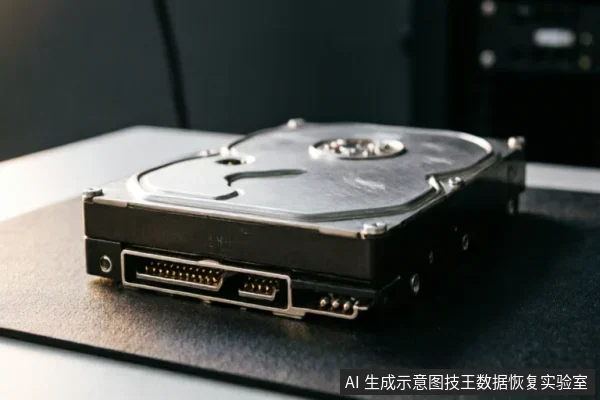 一张特写照片，展示了一个放置在黑色防静电垫上的3.5英寸机械硬盘。画面清晰呈现了硬盘背面的SATA数据接口和电源接口，金属顶盖及螺丝细节可见，无连接线缆，强调原始介质的物理状态。