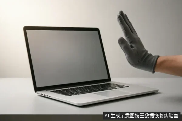 一只戴着灰色防护手套的手在银色笔记本电脑前做出停止手势,示意用户立即停止操作。画面传达出在硬盘故障或数据异常时,应禁止继续通电或使用,采取安全止损措施的警示信息。