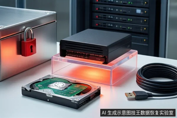 白色桌面上，黑色硬盘盒置于透明底座上，下方有红光，左侧为打开的机械硬盘，右侧为盘绕的USB线，背景为服务器机柜。