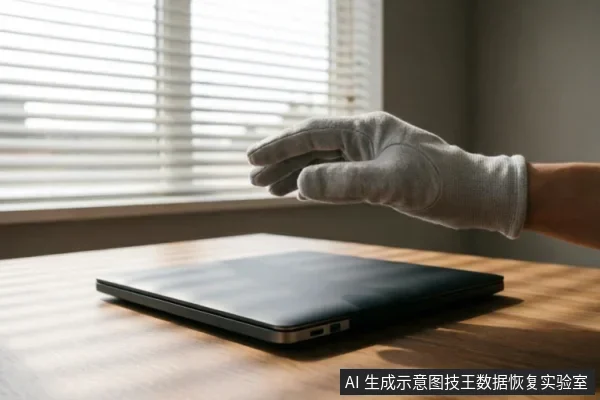 一只戴着白色防静电手套的手悬停在闭合的黑色笔记本电脑上方,电脑放置在木质桌面上,背景为百叶窗。画面展示了专业数据恢复或硬件检测中保护原始介质的规范操作场景。