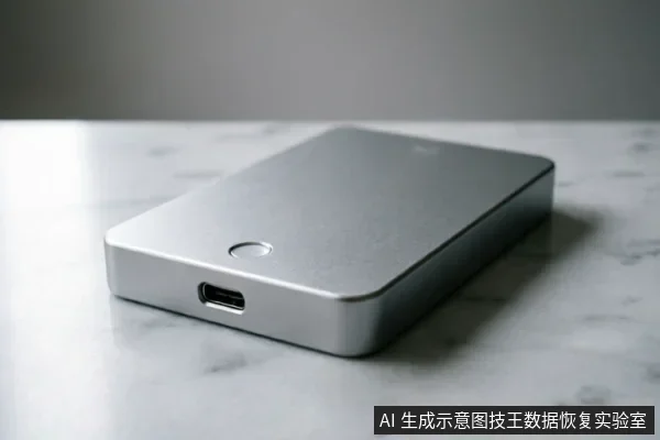 一张银色金属外壳的移动硬盘静置于大理石纹理桌面上，侧面清晰可见USB-C接口及圆形指示灯孔位，无连接线缆，展示设备外观细节。
