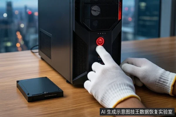 木质桌面上，戴白手套的双手正按压黑色塔式主机正面的红色电源按钮，左侧平放一块黑色移动硬盘，背景为模糊的城市夜景。
