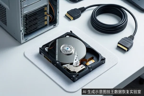 白色桌面上,左侧有一台银色台式机箱,中间白色垫子上平放一块打开外壳的机械硬盘,右侧盘绕着一根黑色SATA数据线。