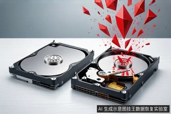 浅灰背景桌面上平放两块机械硬盘,左侧闭合,右侧打开露出盘片与磁头,上方有红色几何碎片飞溅示意故障。