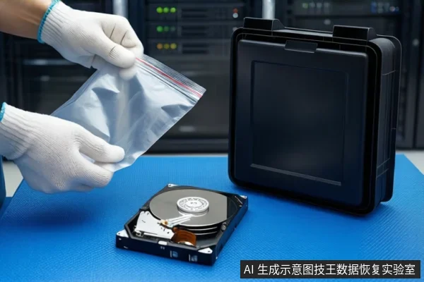 蓝色防静电垫上平放一块裸露的机械硬盘，右侧放置一个打开的黑色防震箱。左侧一双戴白色手套的手正握持一个空的透明自封袋，背景为模糊的服务器机柜。