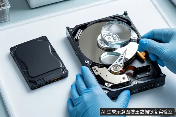 白色桌面上，左侧平放一块黑色固态硬盘，右侧为打开外壳的机械硬盘。前景一双戴蓝色手套的手持放大镜悬停在机械硬盘盘片上方。