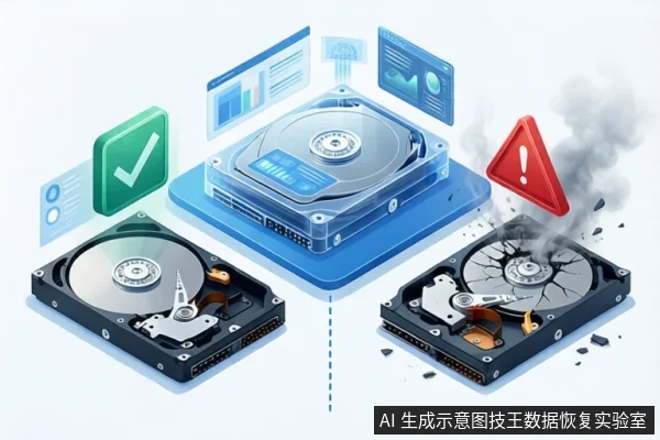 白色背景等距示意图,中间蓝色底座上平放一块打开外壳的机械硬盘,上方悬浮蓝色数据界面;左侧为另一块打开外壳的机械硬盘,上方有绿色对勾;右侧为盘片开裂、冒烟的机械硬盘,上方有红色警告三角。