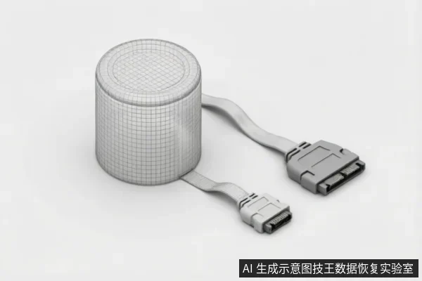 画面展示了一个带有网格纹理的圆柱形机械硬盘主体,连接着两条扁平的数据传输线缆。其中一条为较宽的SATA数据接口,另一条为较小的SATA供电接口,直观呈现了硬盘的外部连接结构。