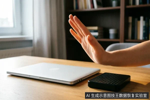 木质桌面上放置着一台闭合的银色笔记本电脑和一个黑色方形移动硬盘。一只手臂从右侧伸入画面,手掌张开面向设备做出明显的“停止”手势,示意暂停操作或禁止接触。背景为模糊的书架和窗户,光线自然。