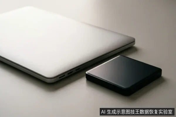 画面展示了一台闭合的银色笔记本电脑侧面，旁边放置着一个黑色的方形外接移动硬盘。两者置于干净的浅色桌面上，光线柔和，呈现出典型的数据存储设备连接或检测场景。