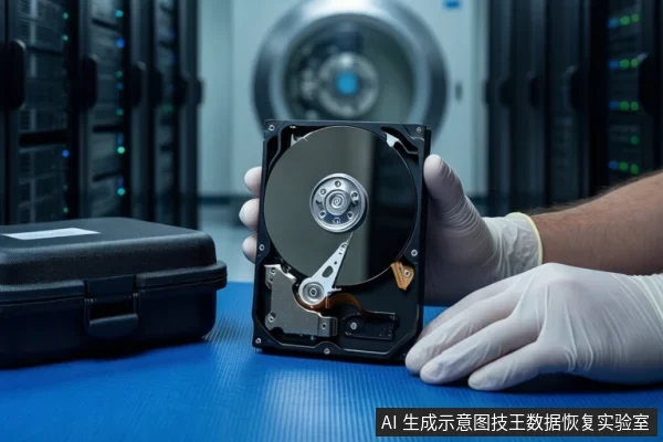 蓝色防静电垫上,一双戴白色手套的手正握持一块打开外壳的机械硬盘,展示其盘片与磁头组件。左侧放置一个闭合的黑色防震箱,背景为模糊的服务器机柜和圆形洁净设备。