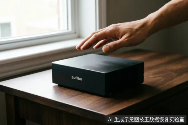 一只悬停在放置于木桌上的黑色巴法洛(Buffalo)NAS设备上方的手,示意对故障存储设备进行物理检查或断电隔离,强调在数据恢复前避免误操作。