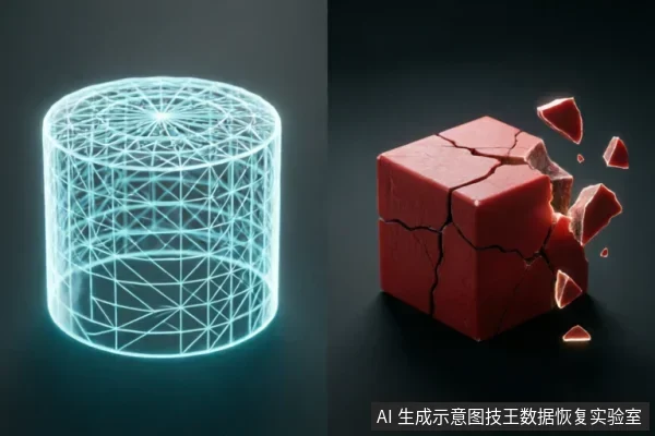 画面分为左右两部分:左侧是一个发光的蓝色线框圆柱体,代表数字化或逻辑结构;右侧是一个正在崩裂破碎的红色实体方块。两者形成鲜明对比,象征数据逻辑与物理实体的状态差异。