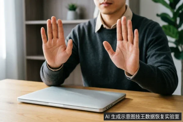 一名身穿深色毛衣的男子坐在木质桌前,面对一台闭合的银色笔记本电脑。他举起双手,掌心向外做出明确的“停止”或“拒绝”手势,示意禁止操作。