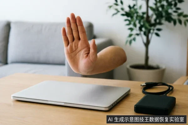 木质桌面上放置着一台闭合的银色笔记本电脑和一个连接着数据线的黑色移动硬盘。一只断臂悬浮在设备上方，手掌张开做出明显的“停止”手势，示意禁止操作或暂停通电。