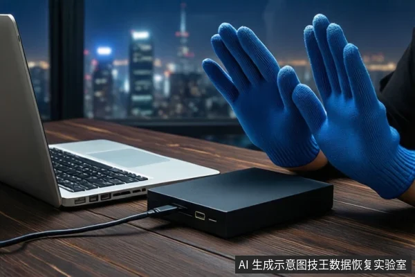 深色木桌上,左侧是一台银色笔记本电脑,中间平放一个黑色外接硬盘盒,通过黑色USB线缆连接至电脑。右侧一双戴蓝色手套的手掌相对,做出停止手势。背景是模糊的城市夜景窗户。