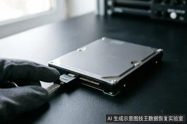 A gloved hand connects a SATA data cable to a hard drive on a dark surface, illustrating the physical connection check for troubleshooting storage issues.