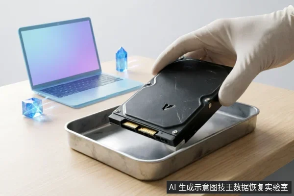 一只戴着白色防护手套的手正拿着一块黑色机械硬盘,将其放入金属托盘中。背景虚化处有一台打开的笔记本电脑和蓝色晶体装饰,整体呈现出专业数据恢复或硬件检测的操作场景。
