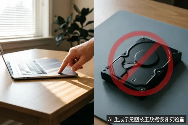 左侧画面展示一只手正在操作笔记本电脑触控板;右侧画面为一个放置在桌面上的机械硬盘,上方覆盖着醒目的红色禁止符号。