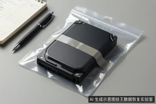 灰色桌面上,一个黑色硬盘被放置在透明自封袋中,旁边有一支黑色笔和一本打开的笔记本。
