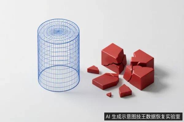 画面左侧为一个完整的蓝色线框圆柱体,右侧为破碎散落的红色立方体块。该图通过几何形态的对比,抽象地表现了存储介质从完整结构到物理损坏、数据崩解的状态。