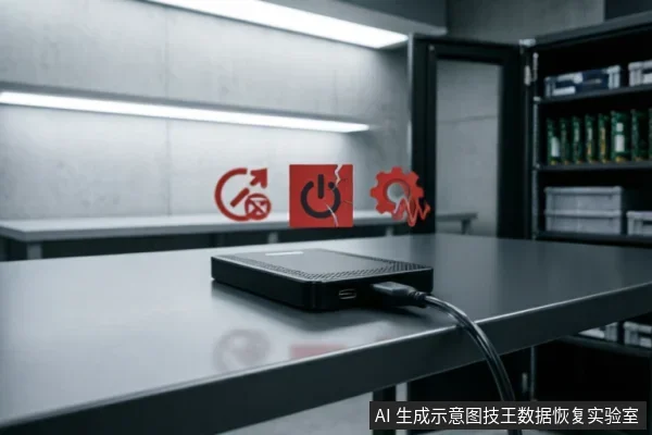 一张黑色移动硬盘连接数据线放置在深色工作台上,背景为模糊的服务器机柜。画面上方悬浮着三个红色图标:带叉号的循环箭头、裂纹电源键和故障齿轮,象征数据丢失、设备故障及操作风险。