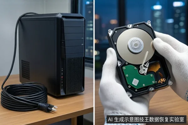 左侧木质桌面上放置一台黑色台式主机和盘绕的黑色电源线;右侧一双戴白色手套的手正握持一块打开外壳的机械硬盘,展示其盘片与磁头组件。背景可见模糊的窗户和城市夜景。