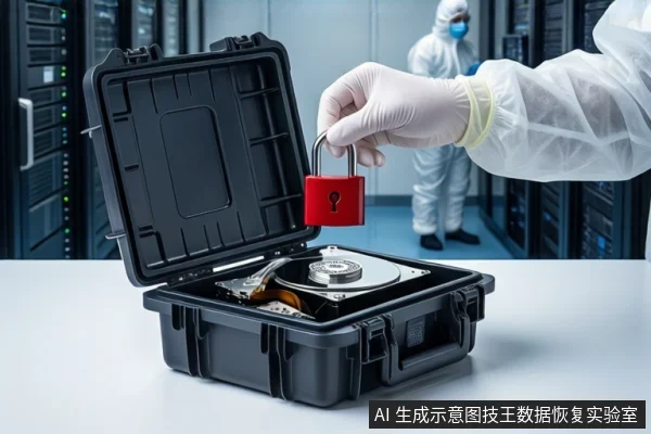 洁净室白色桌面上,前景一只戴白手套的手持红色挂锁悬停在打开的黑色防震箱上方,箱内平放一块机械硬盘。背景中一名穿无尘服的技术人员站在服务器机柜旁。