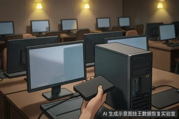 在网吧环境中,一只手正拿着移动硬盘靠近台式电脑主机的USB接口准备连接。背景可见多排电脑显示器,画面展示了数据恢复前检查物理连接与供电状态的操作场景。