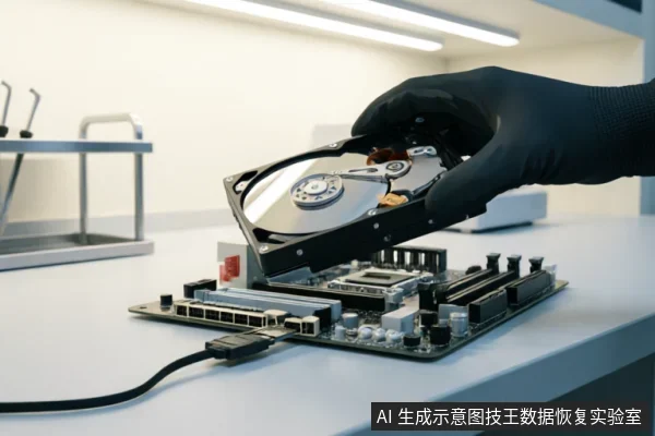 戴着黑色防静电手套的手正拿着一块已打开外壳的机械硬盘,悬停在放置于桌面的电脑主板上方。背景可见金属工具架和照明灯管,呈现出专业数据恢复实验室或硬件检测环境的场景。