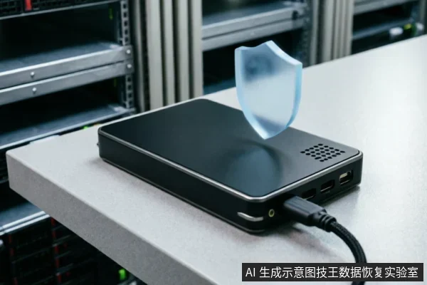 黑色移动硬盘放置在桌面上，连接着数据线，背景为服务器机柜。硬盘上方悬浮着一个半透明的蓝色盾牌全息图标，象征数据保护或安全评估模式。