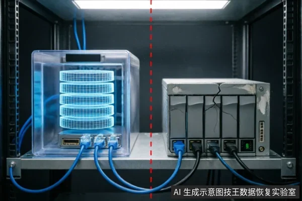 机柜架内并排展示两台设备,左侧为透明外壳且内部发出蓝光的现代存储装置,右侧为表面布满裂纹、外观破损陈旧的硬盘盒,中间以红色虚线分隔。