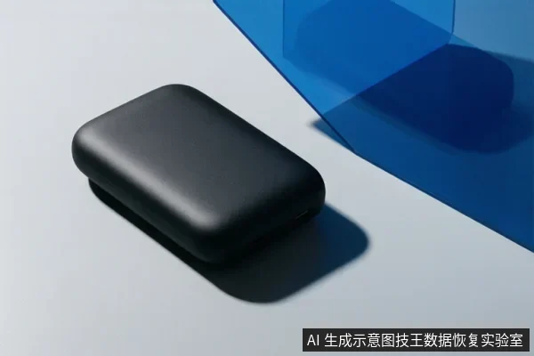 画面中有一个黑色圆角矩形移动硬盘,放置在白色平面上,旁边有一块蓝色透明板,无文字或操作动作。