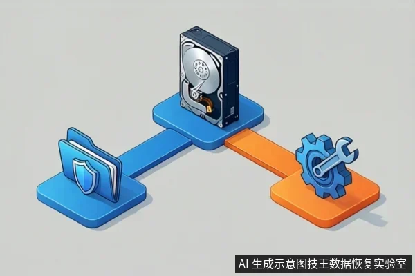 等距插画中,一个硬盘立在蓝色底座上,左侧蓝色底座上有带盾牌图标的文件夹,右侧橙色底座上有齿轮和扳手,三者由彩色条带连接。