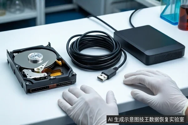 白色桌面上,左侧平放一块打开外壳的机械硬盘,中间盘绕一根黑色USB线缆,右侧放置一个黑色外接硬盘盒。前景一双戴白色手套的手平放在桌边,背景为模糊的实验室环境。