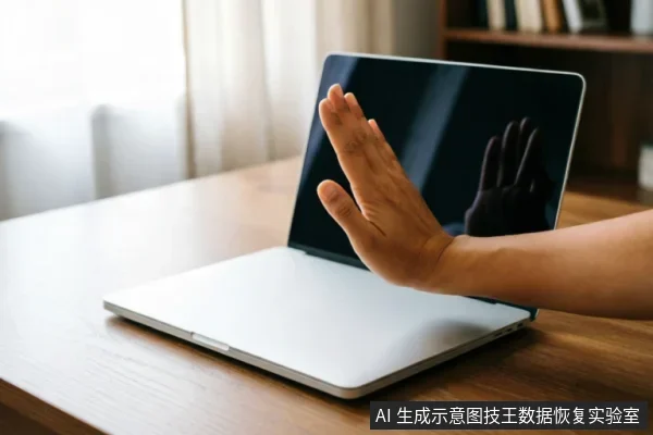 一只手掌在木质桌面上伸向一台银色笔记本电脑，做出明显的停止或拒绝手势。电脑屏幕呈黑色关闭状态，背景为模糊的室内书架与窗帘，画面传达出暂停操作、禁止写入或紧急止损的视觉概念。