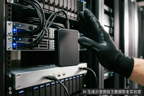 一只戴着黑色防静电手套的手正在服务器机柜中操作,将一块黑色移动硬盘连接至机架式网络设备。背景可见亮着蓝光的网络交换机及密集的线缆,展示了专业数据恢复环境中的硬件连接与排查场景。