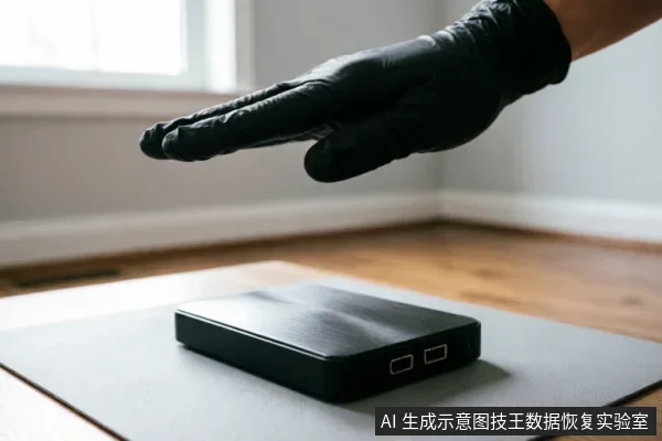 画面展示了一只戴着黑色防护手套的手悬停在一个放置于灰色垫子上的黑色外接硬盘上方。背景为模糊的室内环境,突出了对存储介质的检查与操作场景。