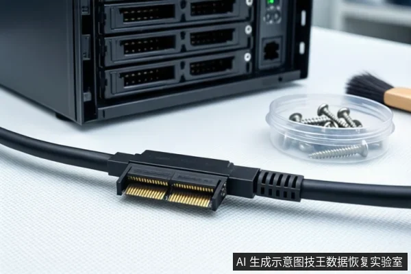 白色桌面上平放一根黑色SATA数据线,接口金手指清晰可见。背景有一台黑色机箱,右侧放置装有螺丝的透明盒和一把刷子。