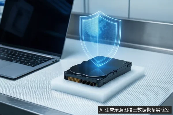 A black hard drive on white foam with a blue holographic shield, next to a laptop.