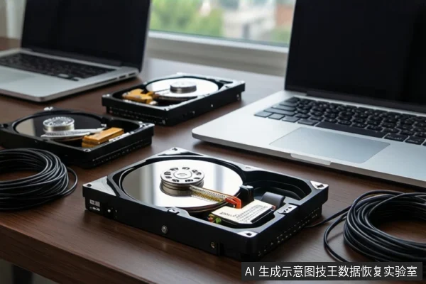 深色木质桌面上平放三块打开外壳的机械硬盘,可见盘片、主轴和磁头组件。左右两侧各有一台银色笔记本电脑,屏幕关闭。前景盘绕着黑色线缆。背景为模糊的窗户。