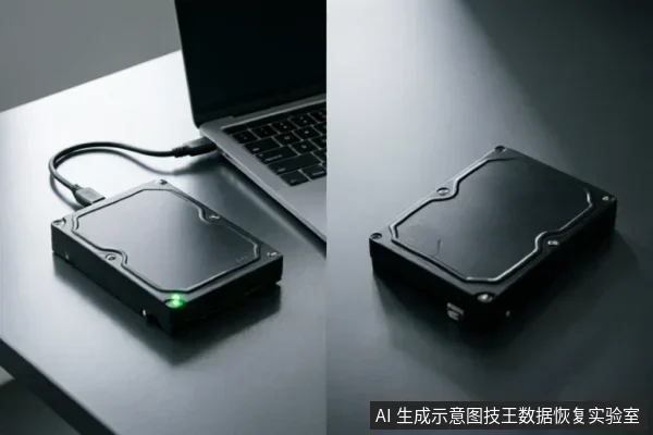 黑色移动硬盘通过数据线连接至笔记本电脑,设备上的绿色指示灯亮起,显示处于通电工作状态。右侧展示了该硬盘的独立外观特写,主体清晰完整。