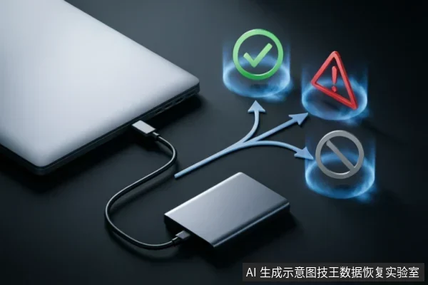 一台笔记本电脑通过数据线连接外接硬盘盒，接口处延伸出三个箭头分别指向绿色对勾、红色警告和禁止符号。画面示意在排查故障时可能遇到的成功、报错或拒绝识别等结果，强调停止操作与评估的重要性。