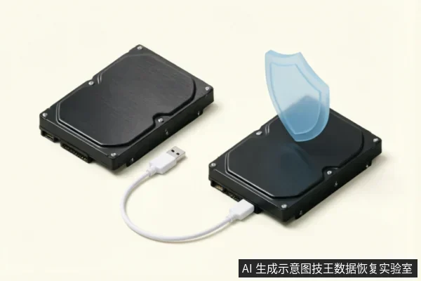 两块黑色机械硬盘通过白色USB数据线连接,其中一块硬盘上方悬浮着一个半透明蓝色盾牌图标。画面象征在排查硬件故障时进行数据保护、建立安全镜像或启用只读模式以防止二次损伤。