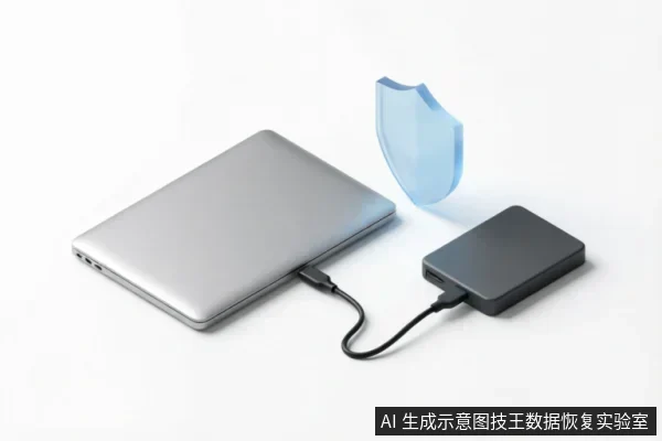 一台银色笔记本电脑通过数据线连接着一个黑色移动硬盘,两者之间悬浮着一个半透明的蓝色盾牌图标,象征数据保护或安全连接。