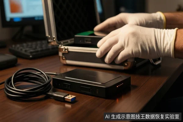 木质桌面上,戴白手套的双手正持握一个黑色接口盒,左侧白色垫子上平放一块M.2固态硬盘,硬盘通过线缆连接至接口盒,背景为模糊的室内环境。