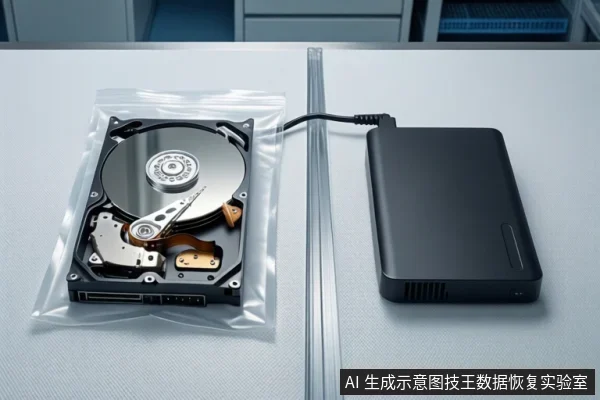 白色桌面上左侧透明袋内平放一块打开外壳的机械硬盘,右侧黑色外接设备通过黑色线缆连接,背景为模糊的机柜。